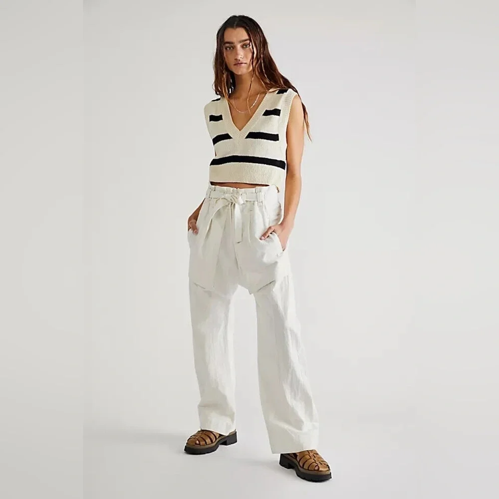 NWT Free People Sky Rider Cotton-Linen Blend Straight Leg Pants in Ecru Sz L - Picture 5 of 13